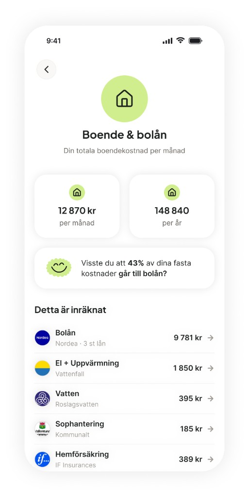 Finton app showing housing and mortgage costs per month and year