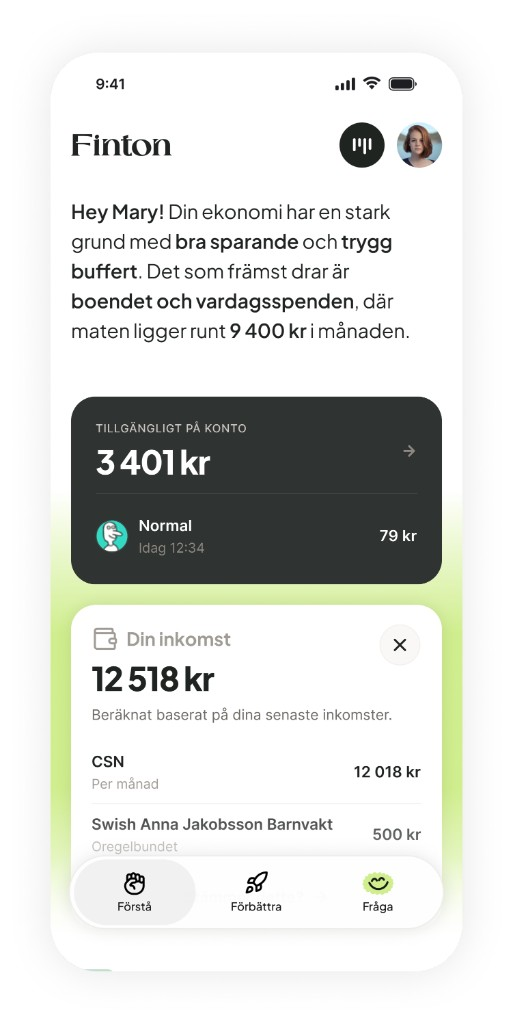 Finton app showing income, available money and a personal financial summary
