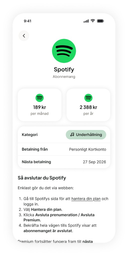 Finton app showing a Spotify subscription with monthly and yearly cost and steps to cancel