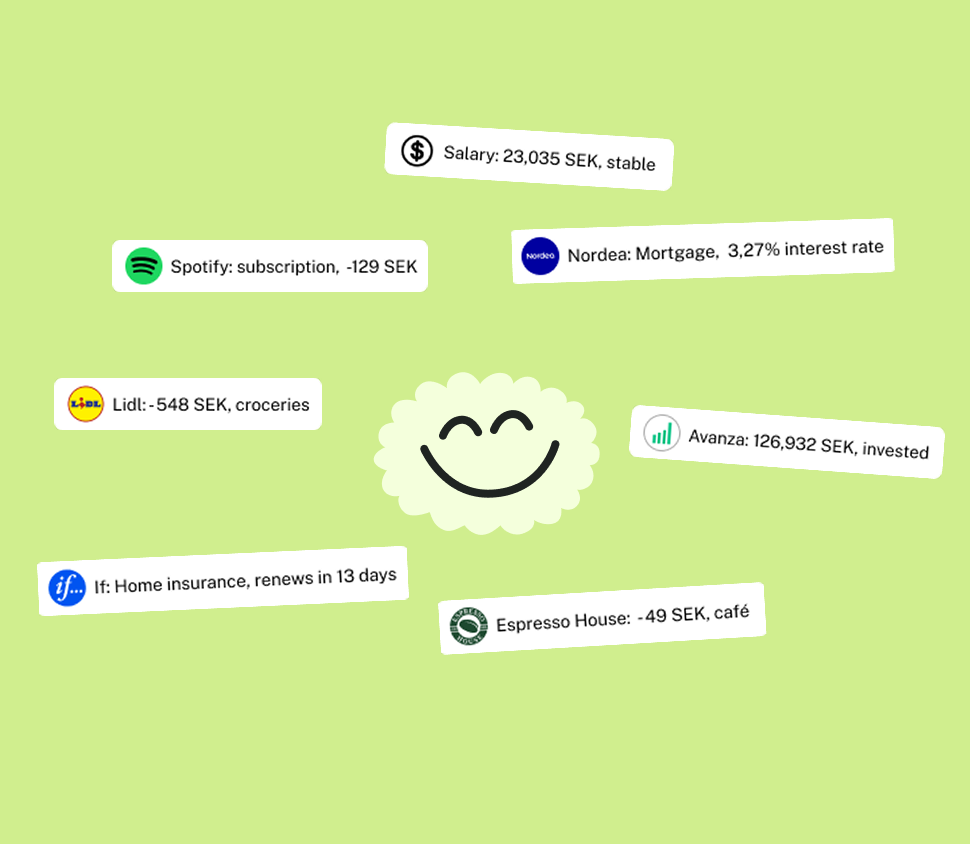The Finton cloud surrounded by examples of salary, subscriptions, mortgage, savings and insurance